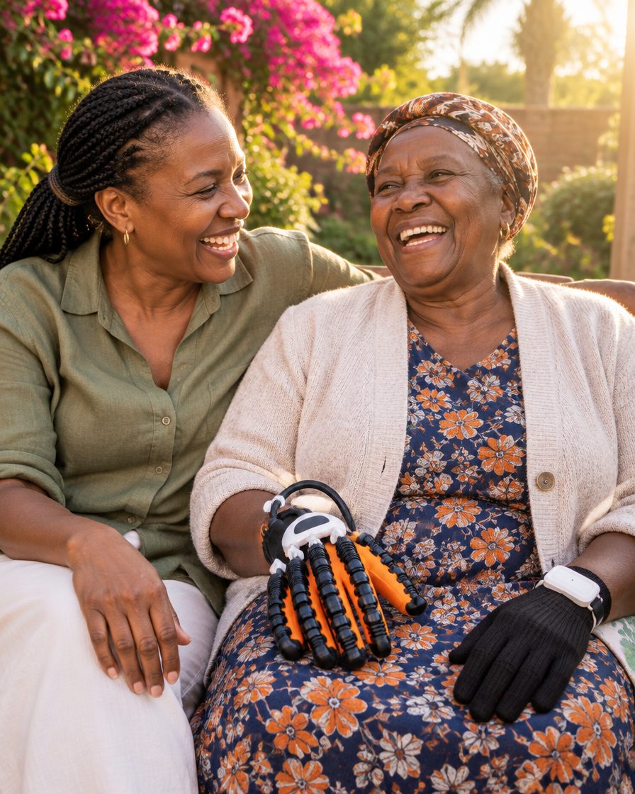 A daughter laughing with her mother, who is wearing the Mirra glove