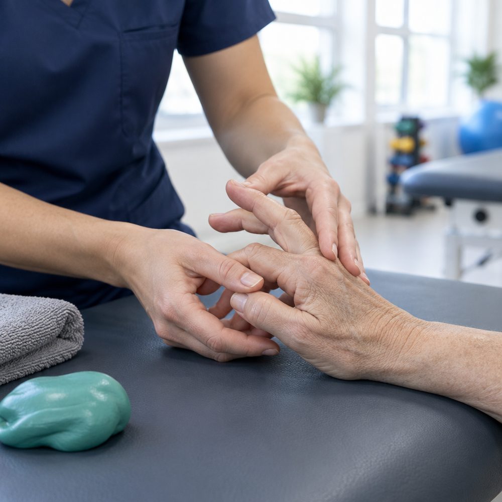 A physiotherapist gently opening a patient's curled fingers